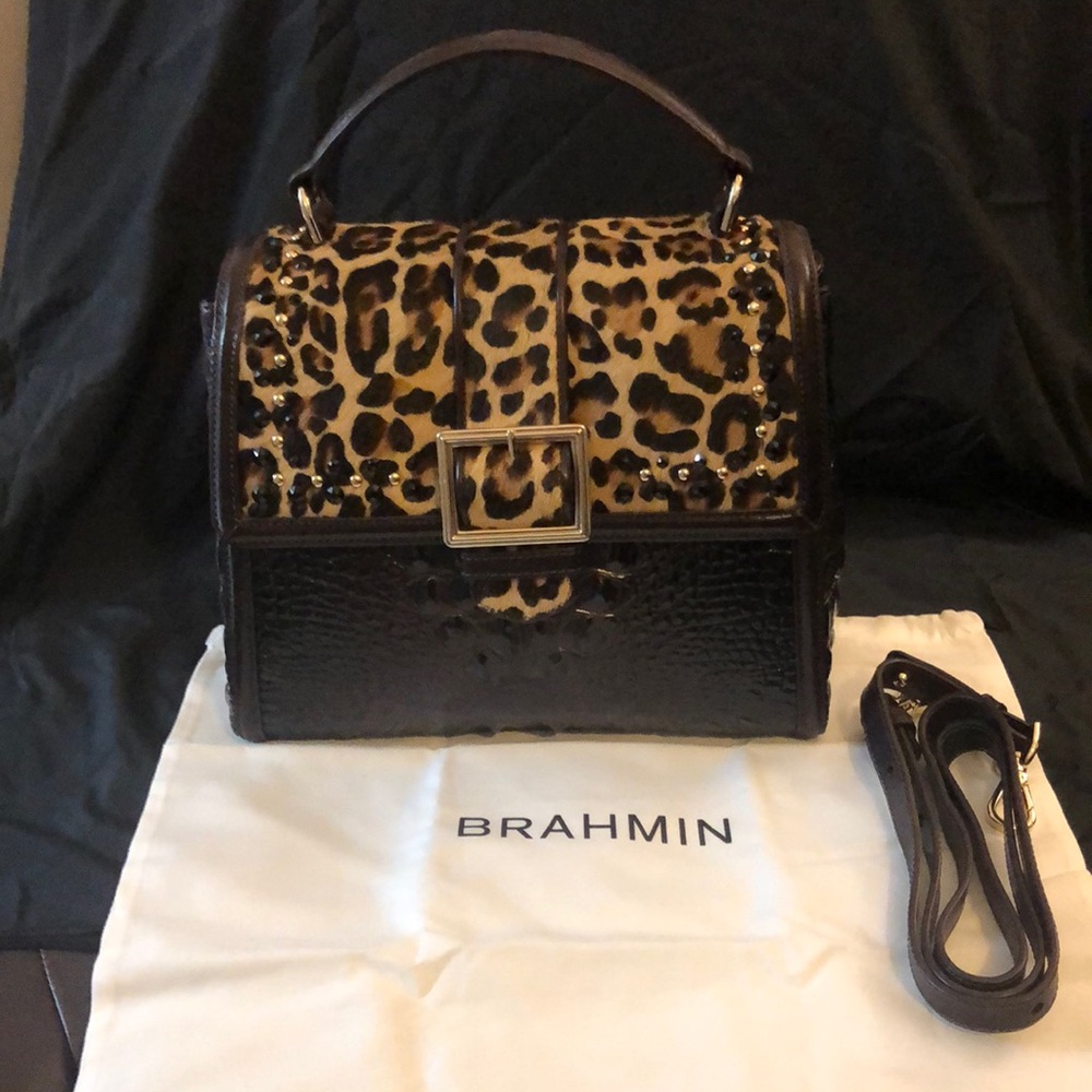 Brahmin Leopard Print and Black Leather Women's Bag. Smoke and Per free